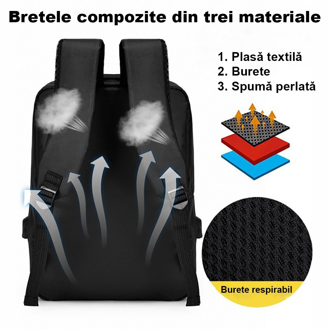 Rucsac Laptop, Anti-transpiratie, Port pentru Incarcare USB, Ghiozdan Voiaj, Laptop 15, 6 inch, Haine, Accesorii, Capacitate 30 L, Confortabil, Usor, Casual, Bussiness, Negru, Alikommerce AK
