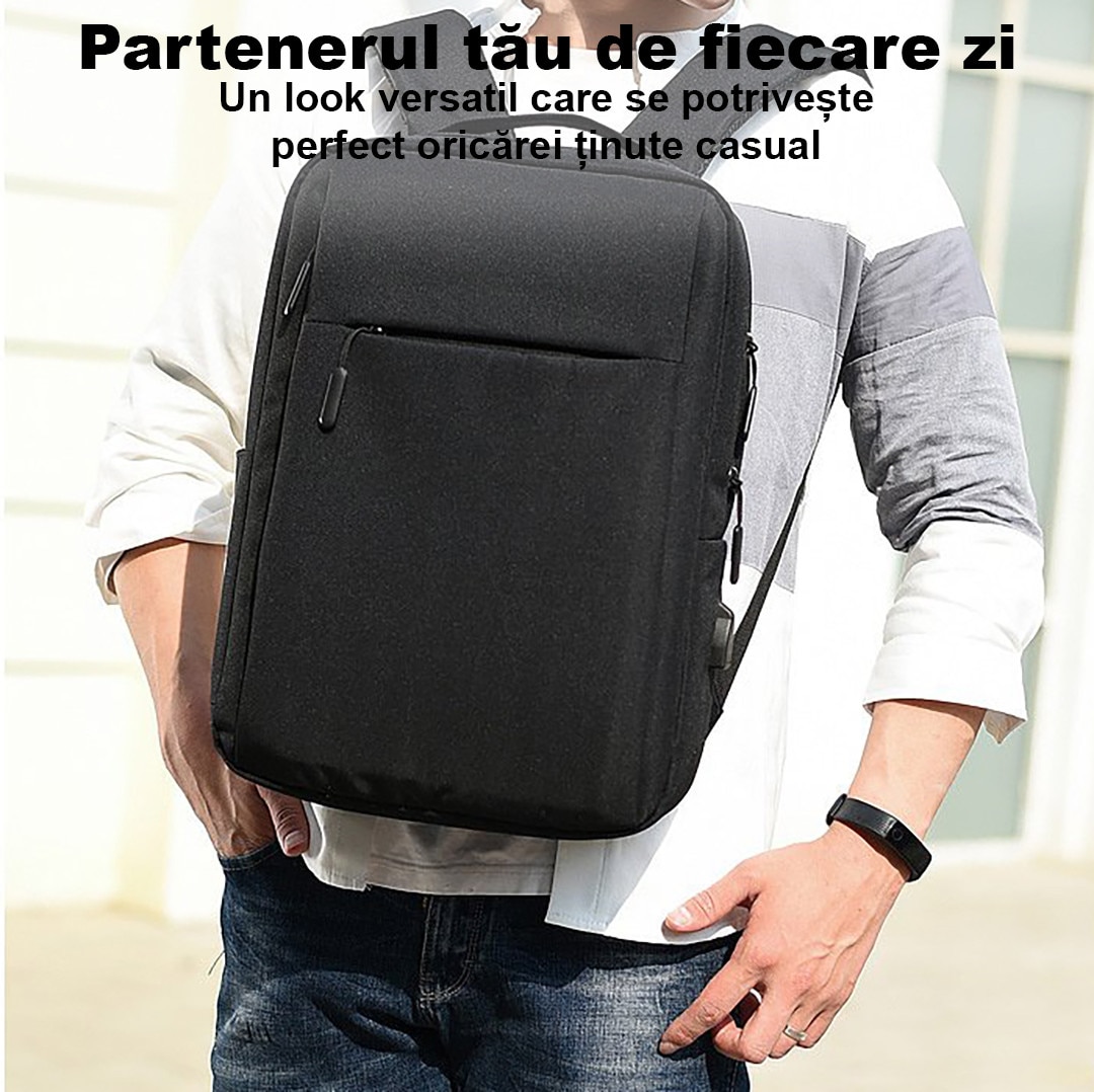 Rucsac Laptop, Anti-transpiratie, Port pentru Incarcare USB, Ghiozdan Voiaj, Laptop 15, 6 inch, Haine, Accesorii, Capacitate 30 L, Confortabil, Usor, Casual, Bussiness, Negru, Alikommerce AK
