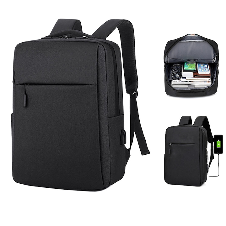 Rucsac Laptop, Anti-transpiratie, Port pentru Incarcare USB, Ghiozdan Voiaj, Laptop 15, 6 inch, Haine, Accesorii, Capacitate 30 L, Confortabil, Usor, Casual, Bussiness, Negru, Alikommerce AK