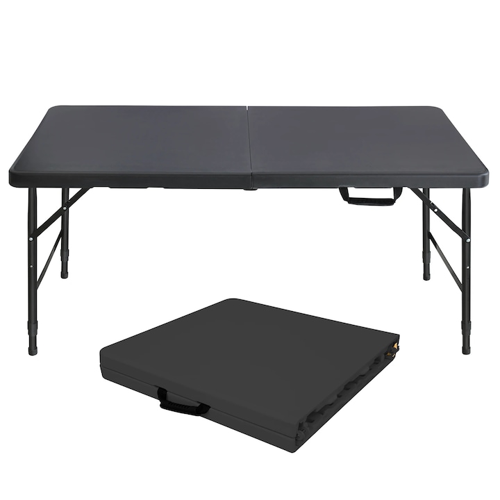 Masa pliabila 125 cm, Masa de camping/picnic, Cu maner, Inaltime reglabila, Sarcina maxima 135 kg, Dreptunghiulara, Pentru 6 persoane, Negru