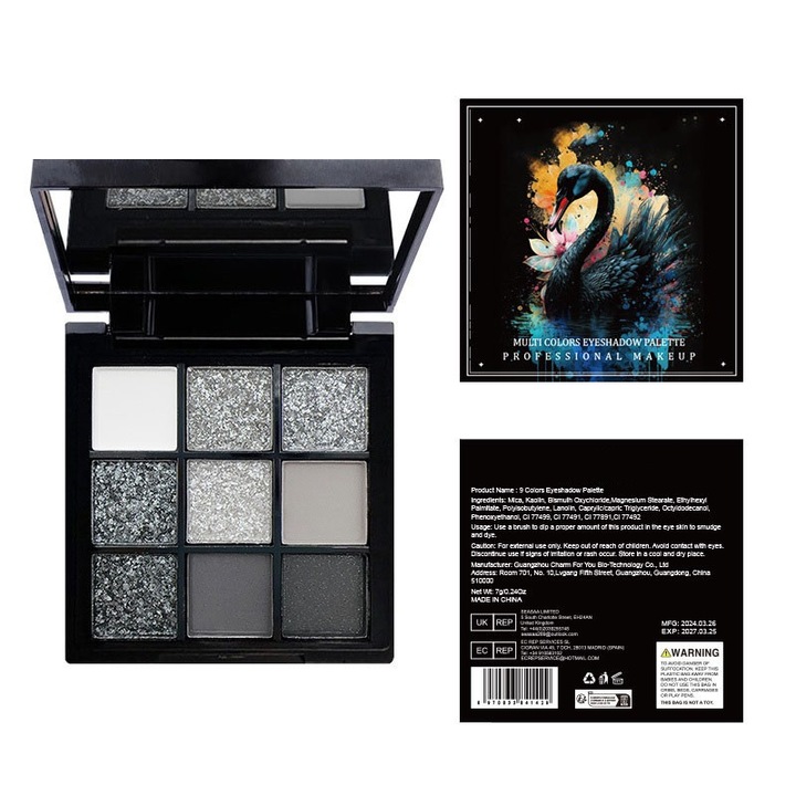 Trusa 9 Culori Black Swan stralucitoare cu pigment metalic intens Rebellious Girl, Sela