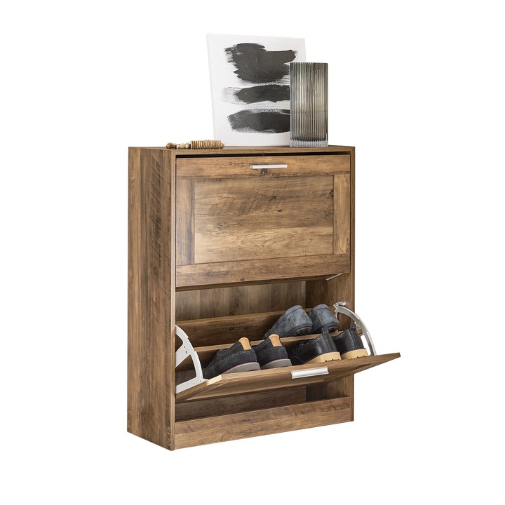 Pantofar FSR137 cu 2 Clapete, Polita Pantofi, Cabinet Ingust, Sertar pentru Pantofi, Dimensiuni Aprox: 60x79x23cm