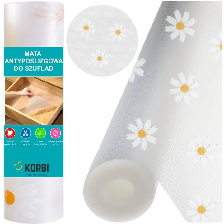 Folie De Protectie Pentru Sertare, Korbi, Margarete, 150x60 cm, Suprafata Antiderapanta, Protejeaza Mobilierul De Zgarieturi, Grasime, Umiditate, Usor De Adaptat, Simplu De Intretinut, Alb