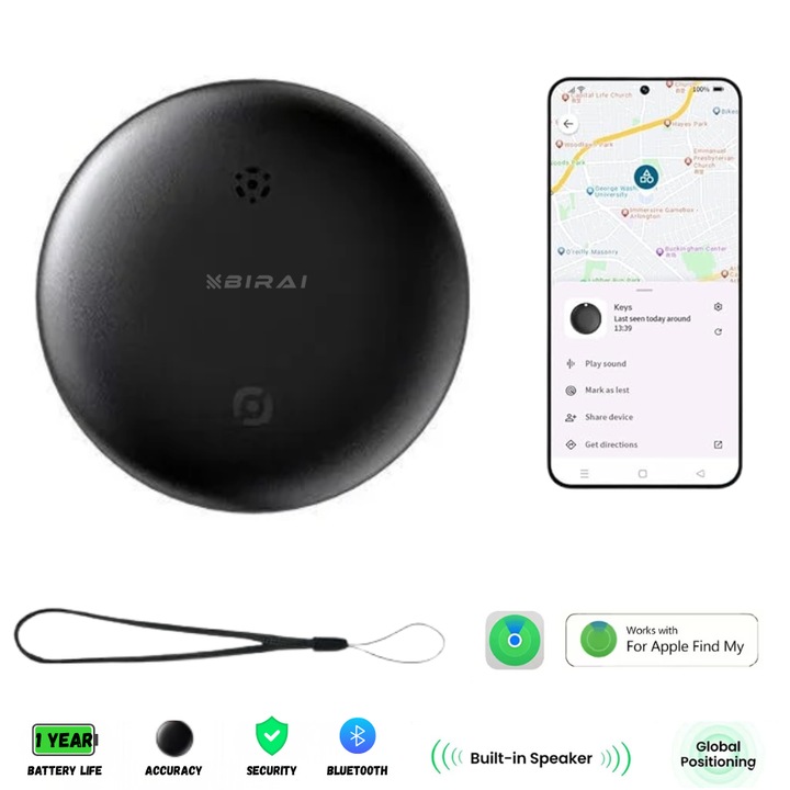 Dispozitiv Anti-Pierdere BIRAI SafeTag, Compatibil IOS, Localizare GPS Tracker, Acoperire Globala, Bluetooth, Fara SIM, Aplicatie, pentru Copii, Batrani, Animale de Companie, Chei, Bagaje, cu Baterie inclusa, Suport din Silicon inclus, Negru