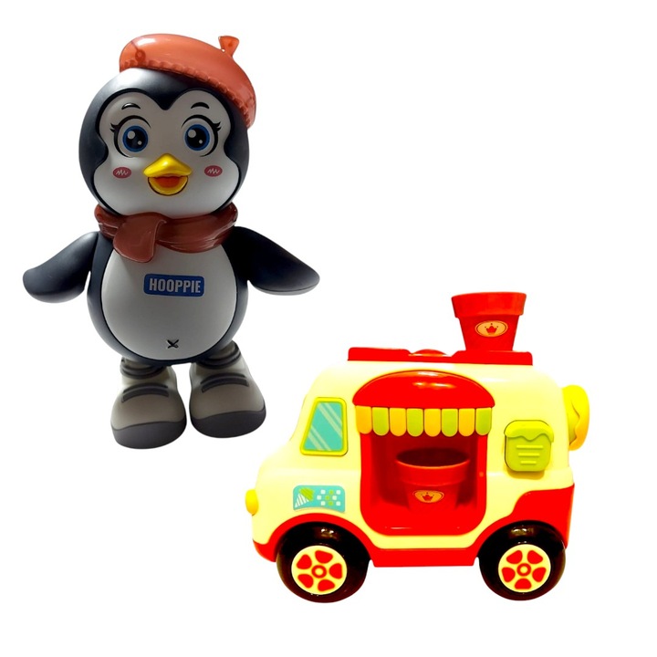 Музикален пингвин Hooppie, 21 см, многоцветен, звуци и светлини, 03 години+ с Интерактивна играчка за баня за деца Hooppie, камион за сладолед, 15x10x20,5 см, прави пяна, 3 вендузи с диаметър 5 см, 12 месеца+