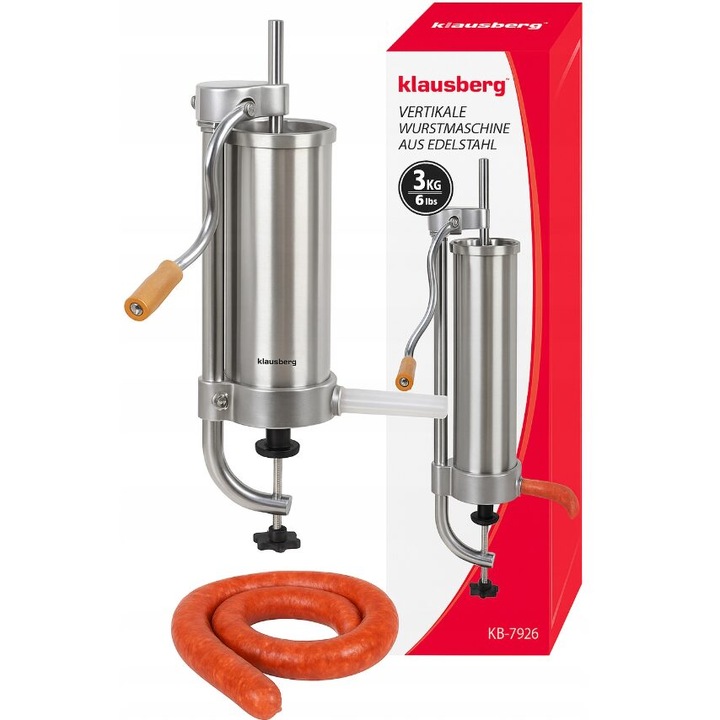 Ръчна машина за пълнене на колбаси, неръждаема стомана, капацитет 3 кг, вертикална, Klausberg