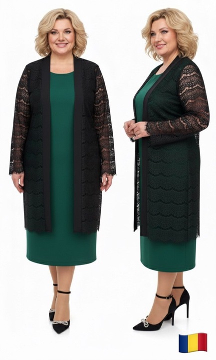 Rochie dama, 2 piese, bolerou negru, rochie, Verde/Negru