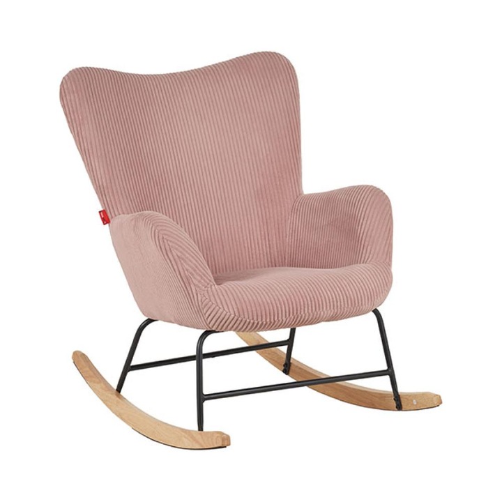 Fotoliu Balansoar LCM0108AR, 112x85x81cm, Culoare Roz, Cadru Metalic cu Baza din Lemn Curbat, Tapiterie Catifelata