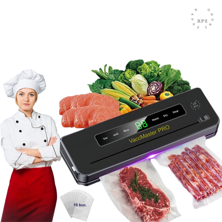 Уред за вакуумиране/запечатване на храна, 120W, 65kpa, 15 включени торбички, 120W, 65 kpa, 5 функции за мокро/сухо/меко вакуумиране, черен, VACCMASTER PRO