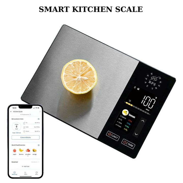 Cantar De Bucatarie SmartScale Pro Rapaz, Afisaj Digital, Functie Tara, Capacitate 5 Kg, Precizie Mare De 1g, Aplicatie Pentru Analiza Nutritionala Compatibila iOS/Android, Conectivitate Bluetooth, Inox/Negru