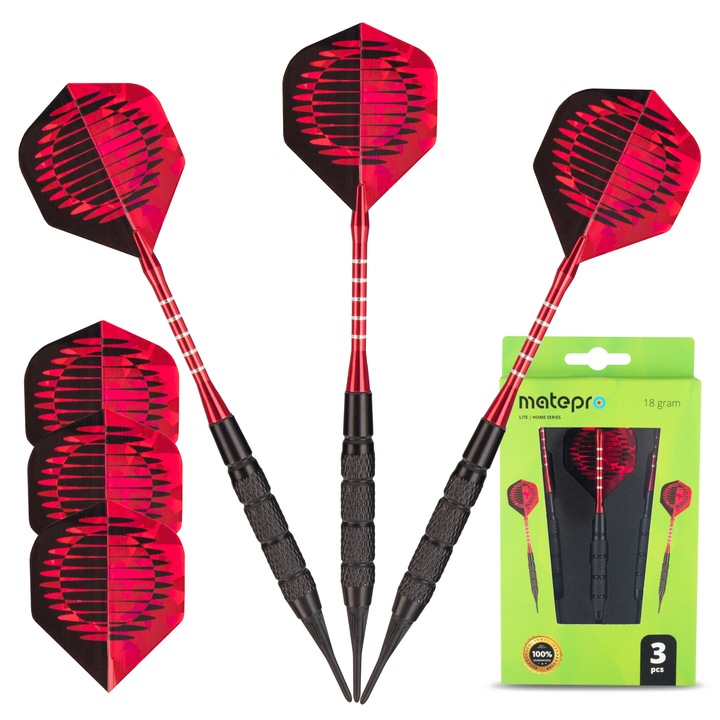 Set 3 sageti darts Matepro, 18g, 16cm, cu soft tip pentru tablii electronice si din sisal, baril din otel, tije din aluminiu, culori negru si rosu, pene de rezerva incluse, O-ringuri pentru fixare stabila, ideal pentru jucatori amatori si profesionisti