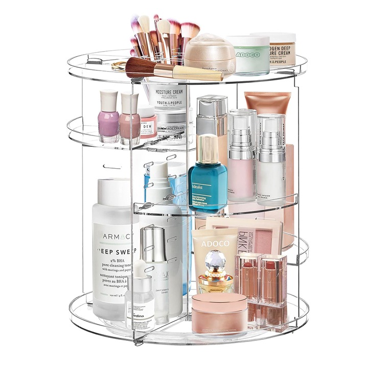 Въртящ се органайзер за козметика NEXTLY, пълна видимост, разделен, регулируеми рафтове на нива, 30x22см, прозрачен