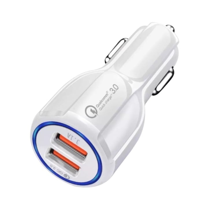 Incarcator auto Dodaco 2x USB Fast Charge cu LED alb, 7.8x3.2cm