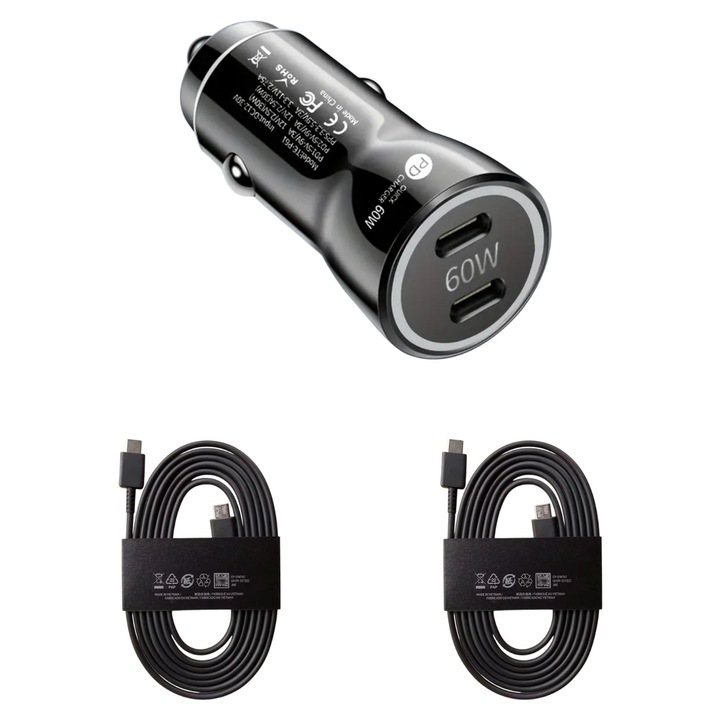 Kit incarcator auto Dual USB-C-C 60W Fast Charger, 2 Cablu date USB-C-C 5A-1, 8M, QUANDES®, Compatibil cu Galaxy s25, 24, 23, 22 ultra