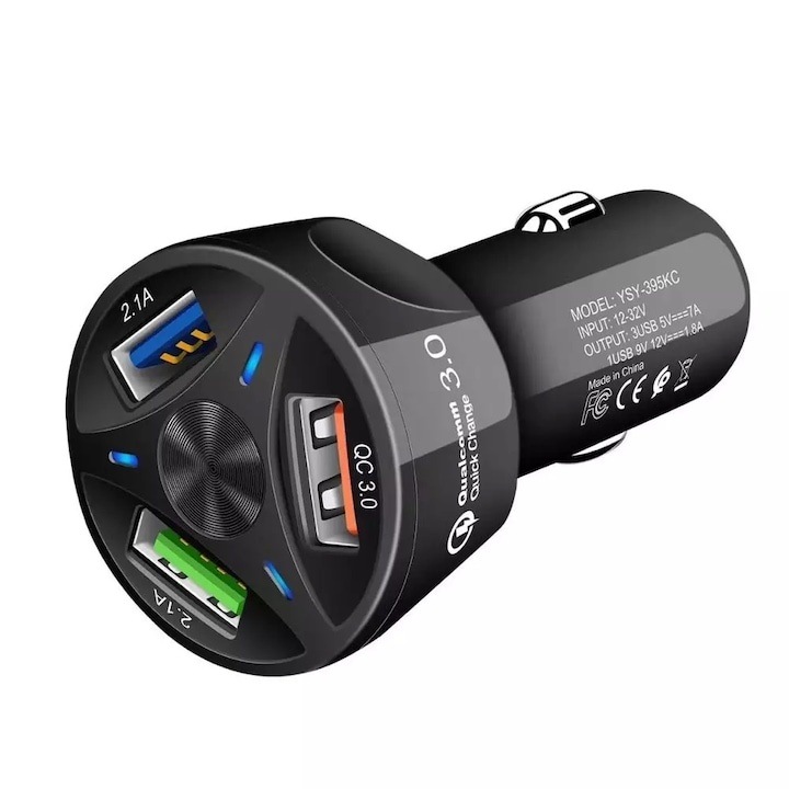 Incarcator auto inteligent, 3 x USB, Quick Charge 3.0, 12/24V, compatibil universal, negru