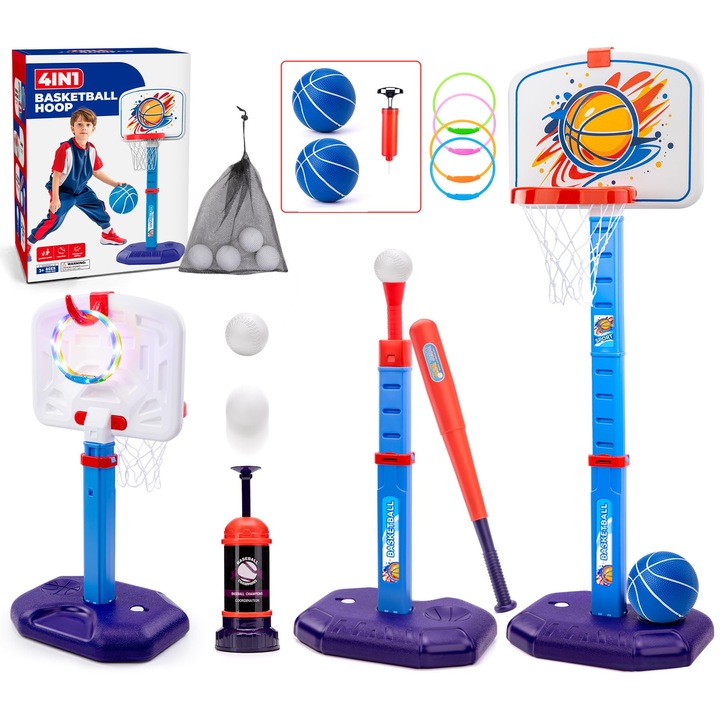Cos de baschet pentru copii, XICENRM, set 4-in-1 cu Tball si masina de baseball, interior/exterior