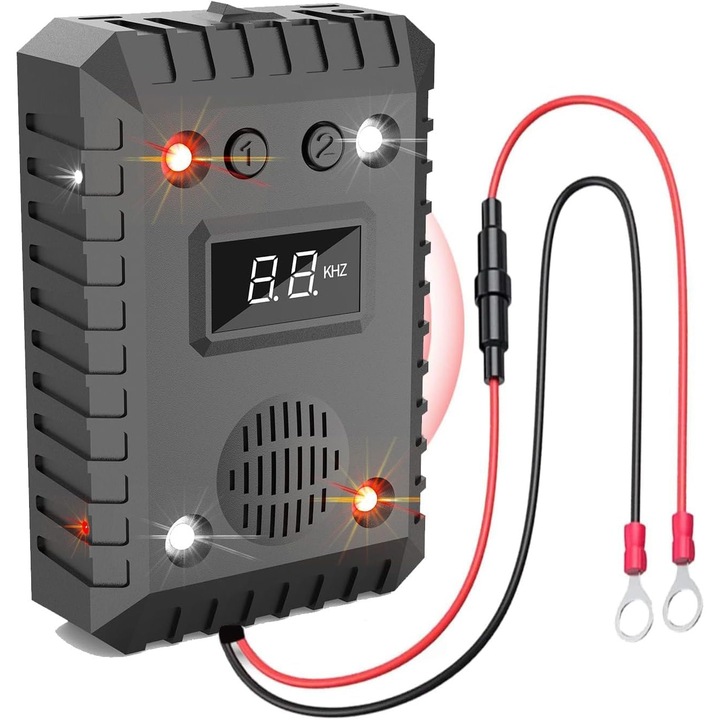 Aparat Anti Rozatoare Auto, ultrasunete si LED Stroboscopice, frecventa 9-65kHz, 360 °acoperire completa, Alimentare 12V/5V, Mod Standby Automat, OUYLAF, Negru