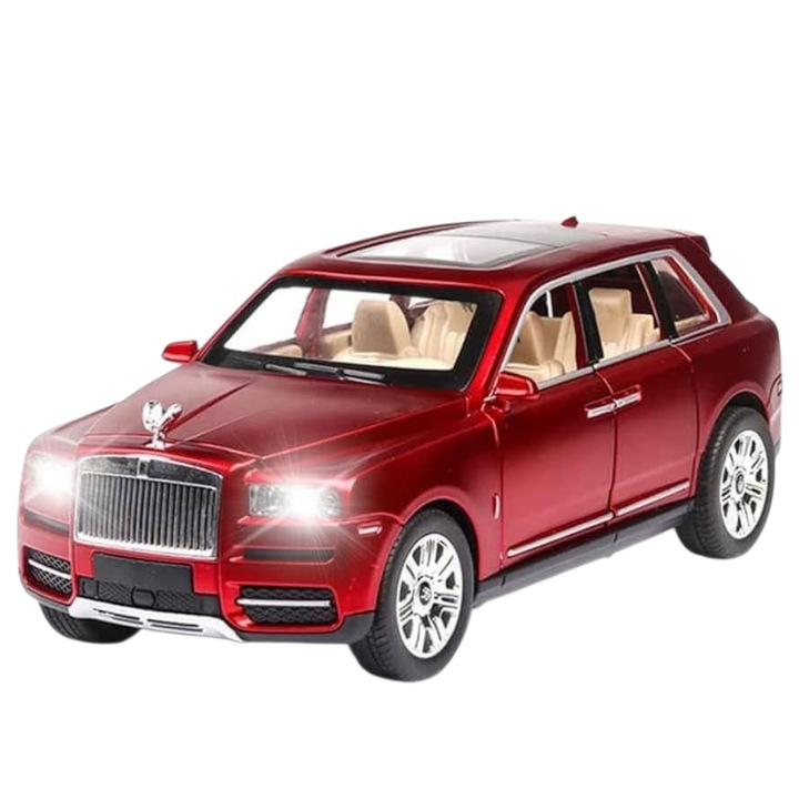 Rolls-Royce Cullinan gyűjtői játékautó, luxus SUV 20 cm hosszú, Die-Cast, 1:24 méretarány, metálpiros, nyitható ajtók-motorháztető-csomagtartó, fények és hangok