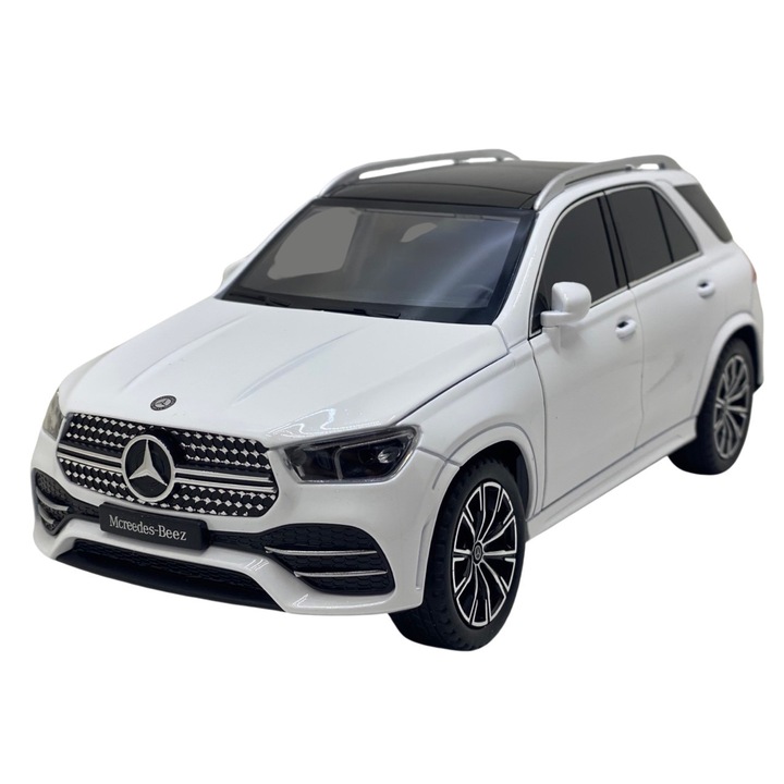 Fém játékmodell Mercedes GLE 350 fényekkel és hangokkal, 1:24 méretarány, metálfehér színű, funkcionális ajtók, motorháztető és csomagtartó, visszahúzós mechanizmus, realisztikus belső részletek