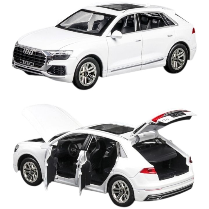 Jucarie macheta metalica model Audi Q8 cu lumini si sunete, scara 1:32, usi, capota si portbagaj functionale, mecanism pull-back, detalii la interior realistice