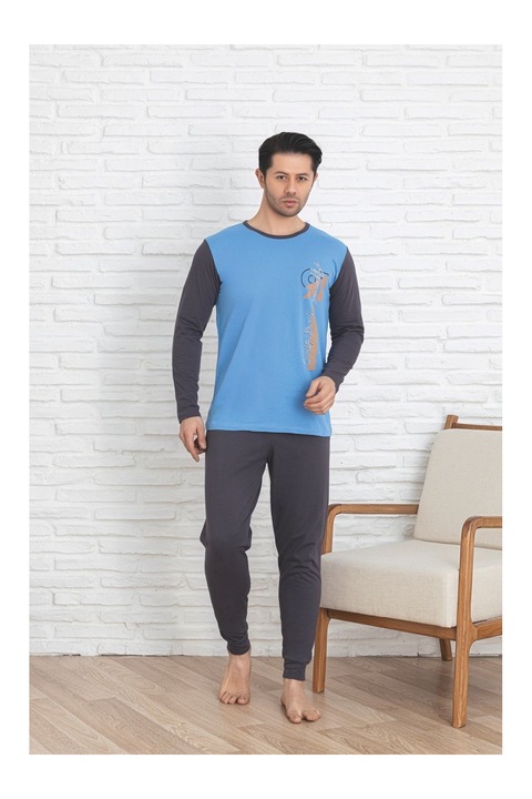 Pijamale barbati, PAMUKLU, bumbac, lungi, maneca lunga, albastru inchis, Albastru inchis