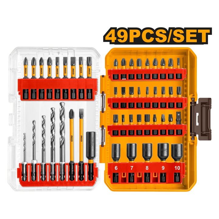 Set impact 49 buc, INGCO, capete 50mm și 25mm, burghie HSS, accesorii universale