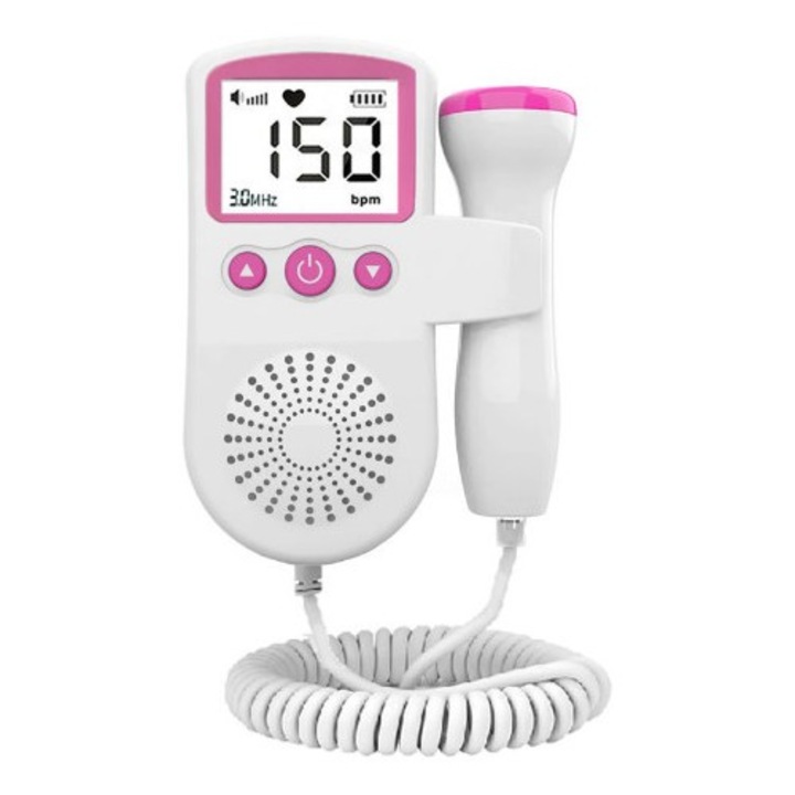 Monitor Fetal Doppler, Cyrax, Monitorizare Sarcina, Ritm Cardiac, Ecran LCD 4.5 cm, 2 x Baterii AA (neincluse), Portabil, din ABS, 12.8 x 9.6 x 3 cm, Utilizare de la 9 Saptamani, Roz