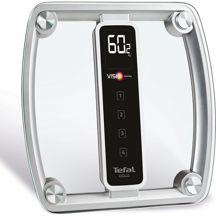 Електронен кантар за тяло Tefal Evolis PP5150V1, Автоматично изключване, Интелигентни функции Visiocontrol, Максимално поддържано тегло 160 кг, Стъкло, Сив
