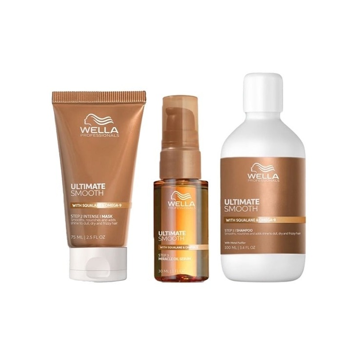 Pachet Wella Professionals Ultimate Smooth – Sampon, 100 ml + Masca, 75 ml + Ulei Miracle Serum, 30 ml
