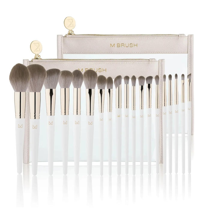 Set Complet de 19 Pensule de Machiaj pentru Fata si Ochi + 2 Portfarduri elegante, M Brush, culoare Alb, handmade in Japonia
