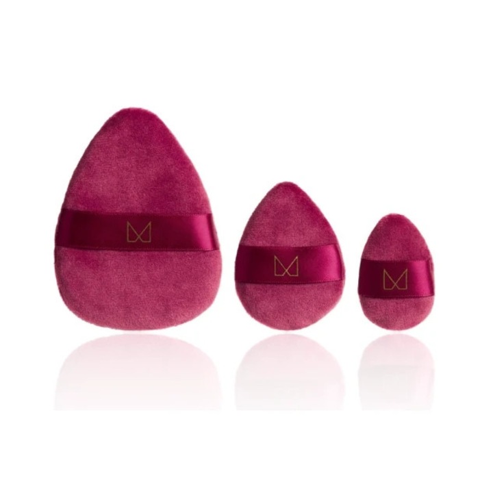 Set 3 bureti machiaj, M Brush Powder Puff Trio - pentru aplicarea Pudrei, Culoare Visiniu, dimensiuni variate