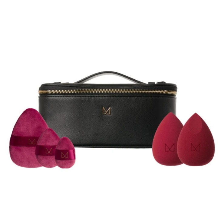 Set de 3 pufuri + 2 bureti de machiaj + Geanta cosmetice, M Brush Weekender Set, Culoare Negru/Visiniu, din piele ecologica