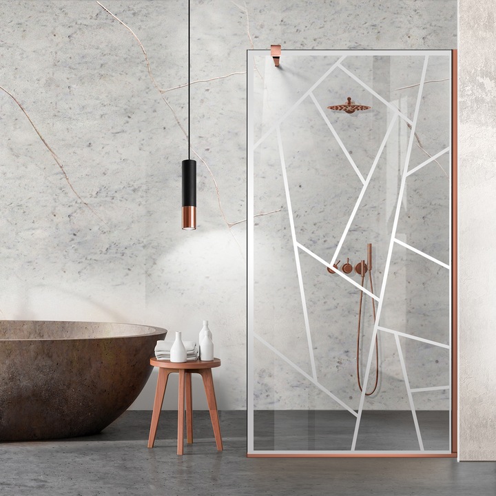 Paravan dus walk-in Aqua Roy ® Copper, model Atlas incolor, feronerie full inox cupru, sticla 8 mm clara, securizata, anticalcar, 60x195 cm