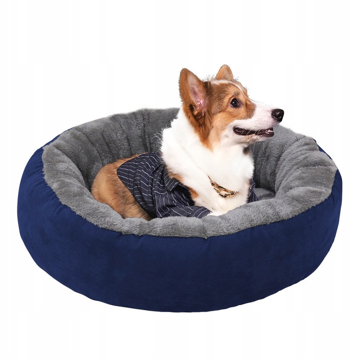 Cuib Rotund Pentru Caine / Pisica, Oem, Kd 0026 m Albastru, Dimensiune m Culoare Albastra Cu Umplutura Gri, Interior Moale Din Plus Pentru O Odihna Confortabila A Animalului De Companie, 50 x 50 x 19 cm, Multicolor