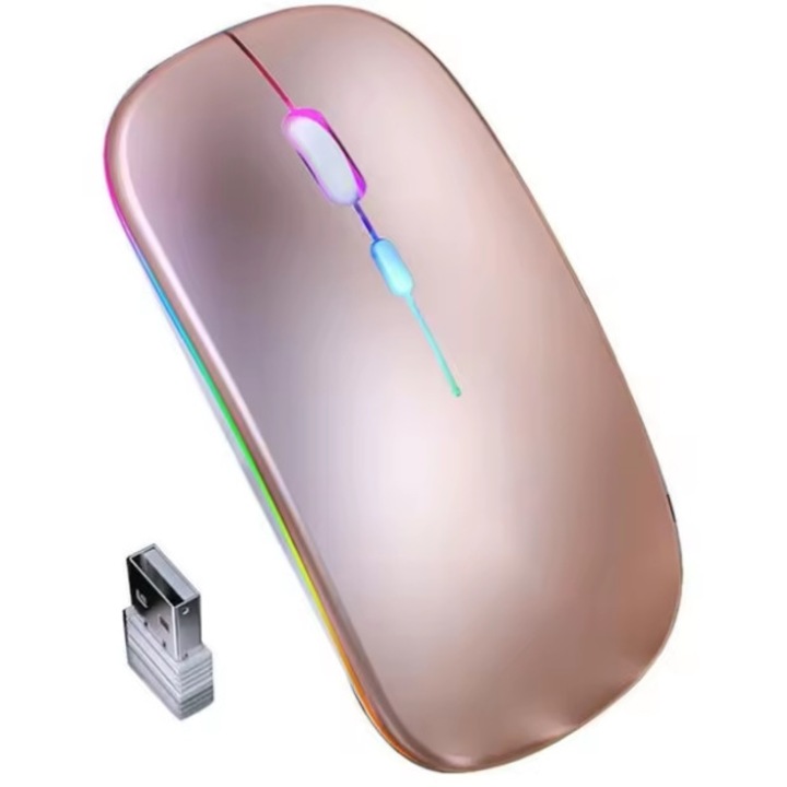 Vezeték nélküli egér, PS Products, USB, Bluetooth, újratölthető és csendes, LED, 2.4Ghz, 1600DPI, rózsaszín