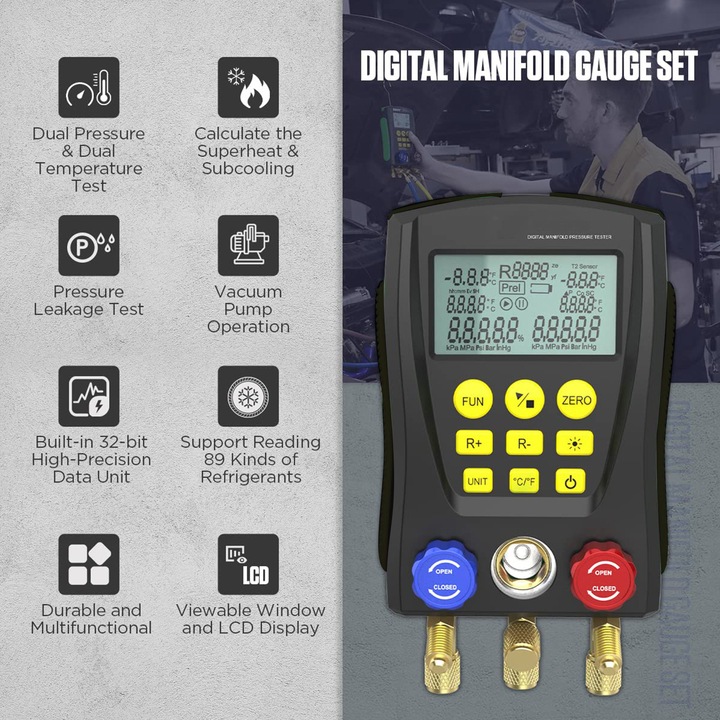 Комплект цифров манометър, PID-регулатори, манометър за налягане на фреон, маркучи, клещи за измерване на температура, тестване на налягане и температура, за ремонт на климатици и друго хладилно оборудване, 0-6000 Kpa, -40°C-150°C