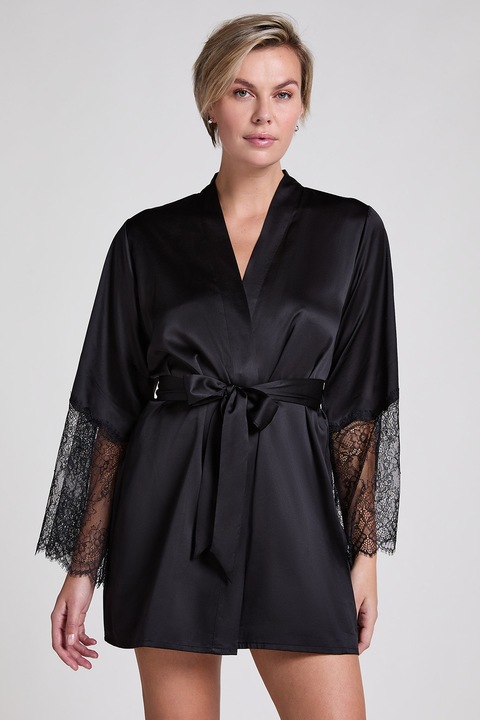 Hunkemoller, Сатиниран халат с дантела, Черен, M-L