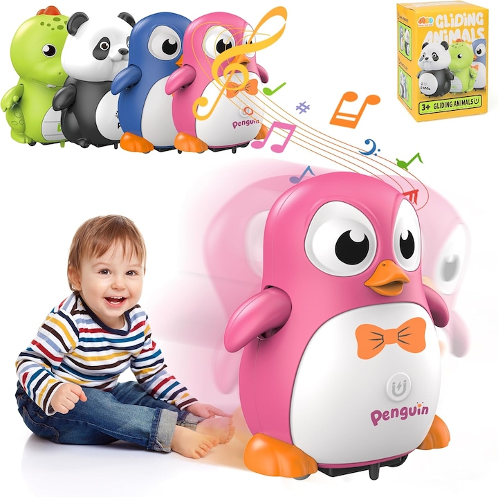 Pinguin electric Interactiv pentru Bebelusi, Jucarie magnetism interactiva educativa pentru copii, cu Functia de deplasare si muzica, + 3 Luni,10x7x7 cm, plastic, Sprijina Dezvoltarea Cognitiva, Motrica si Emotionala, Stimuleaza Cataratul si Jocul Activ