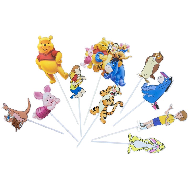 Decoratiune topper tort carton, tematica Winnie the Pooh, aniversare - 10 piese