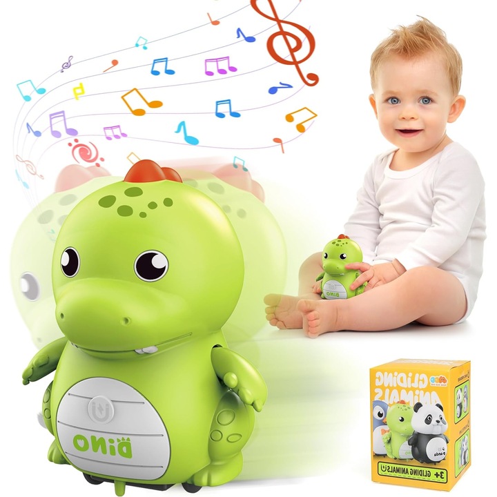 Dinozaur electric Interactiv pentru Bebelusi, Jucarie interactiva educativa pentru copii, cu Functia de deplasare, Evitare automata a obstacolelor si muzica, + 3 Luni,10x7x7 cm, plastic, Sprijina Dezvoltarea Cognitiva, Motrica si Emotionala