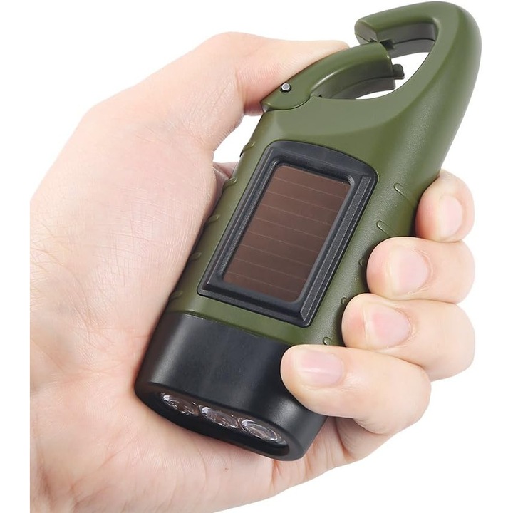 Lanterna solara, verde, dimensiuni 12.4x4.5x3.2cm, cu carabina, pentru activitati in aer liber