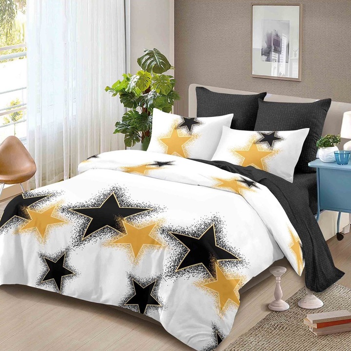 Lenjerie de pat, 2 persoane, finet, 6 piese, negru si alb, cu stele negre si aurii, LF326