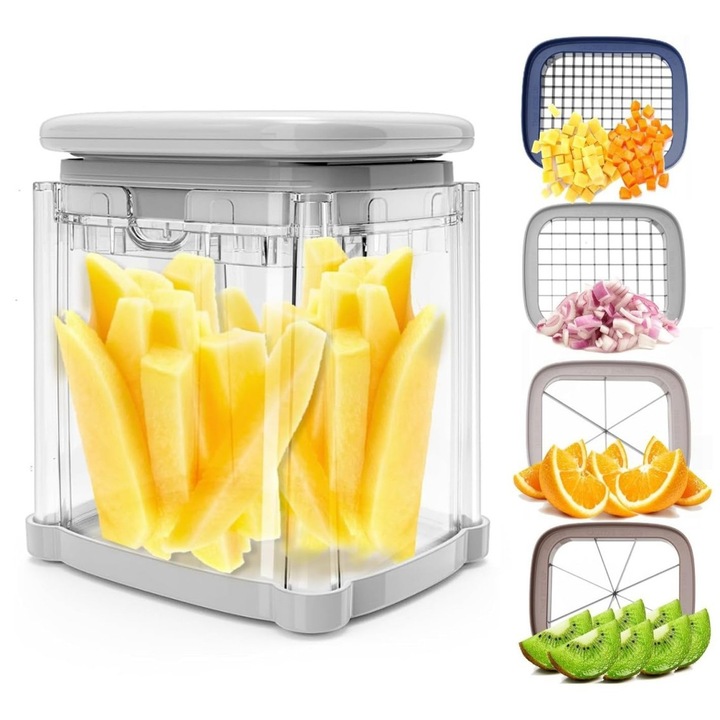 Feliator manual Leccik 4 in 1, taietor de cartofi, feliator de ceapa, tocator de alimente, feliator de mere, plastic