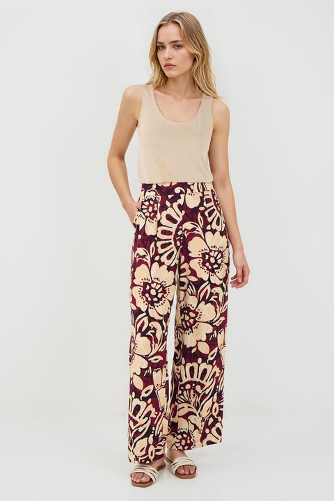 JIMMY KEY, Pantaloni cu talie inalta si model grafic, Visiniu/Bej/Rosu inchis