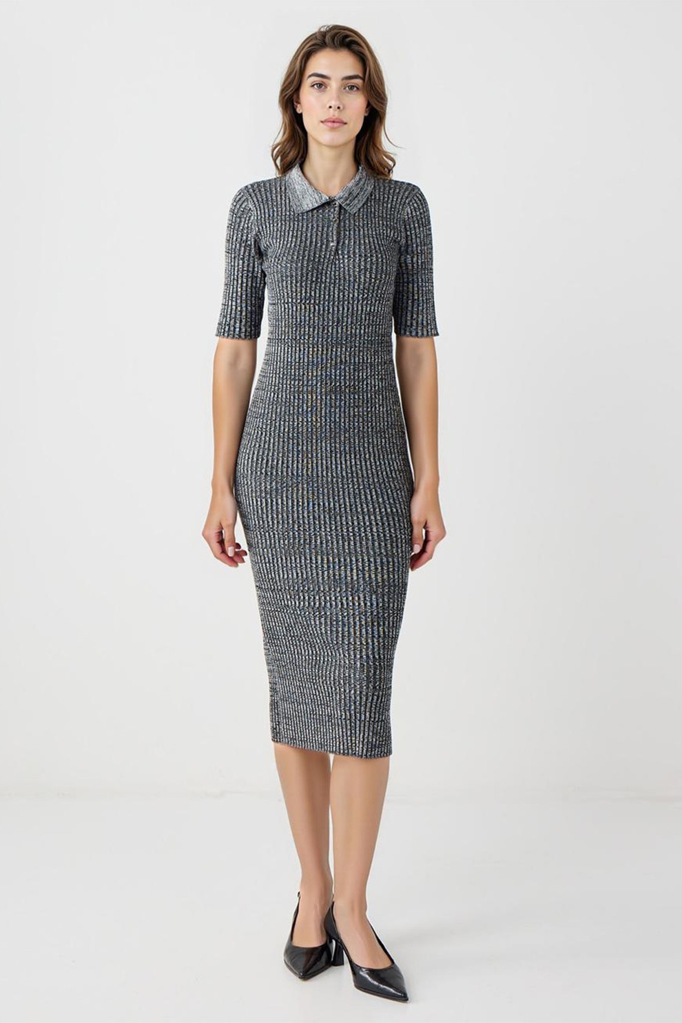 JIMMY KEY, Rochie tricotata si striata cu croiala bodycon, Gri inchis melange, S