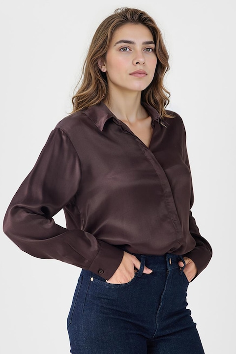 JIMMY KEY, Camasa din satin cu maneci lungi, Maro cognac