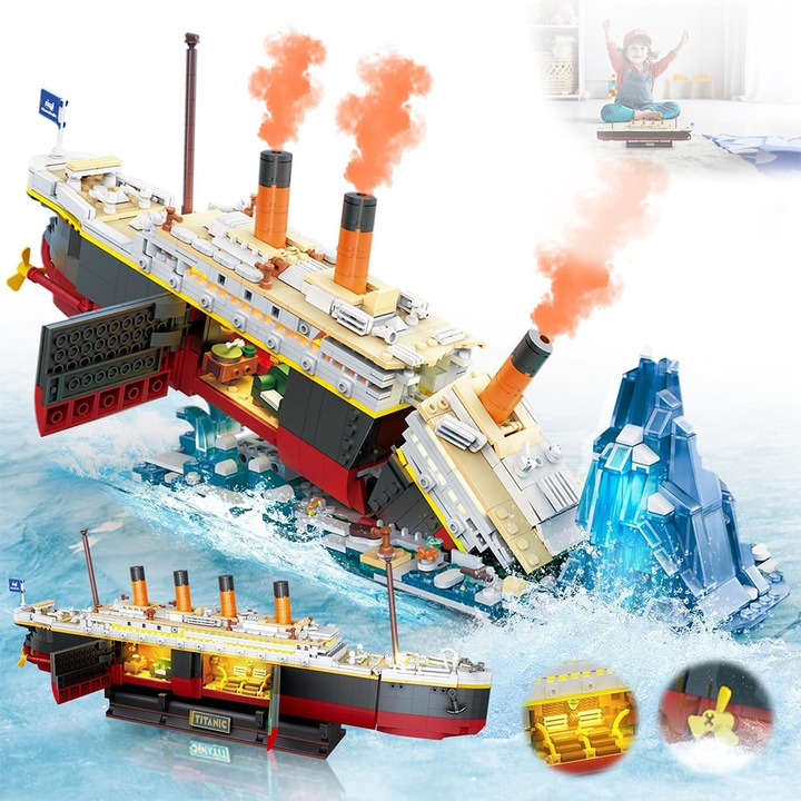 Set de constructie Titanic, Bedee,1935 piese, model detasabil, material ABS, LED, Nava Titanic 2 in 1, smart splicing design, mini bloc de constructie de 3.6 mm, pentru adulti, adolescenti, baieti, fete, 10+,43x6.5x14cm
