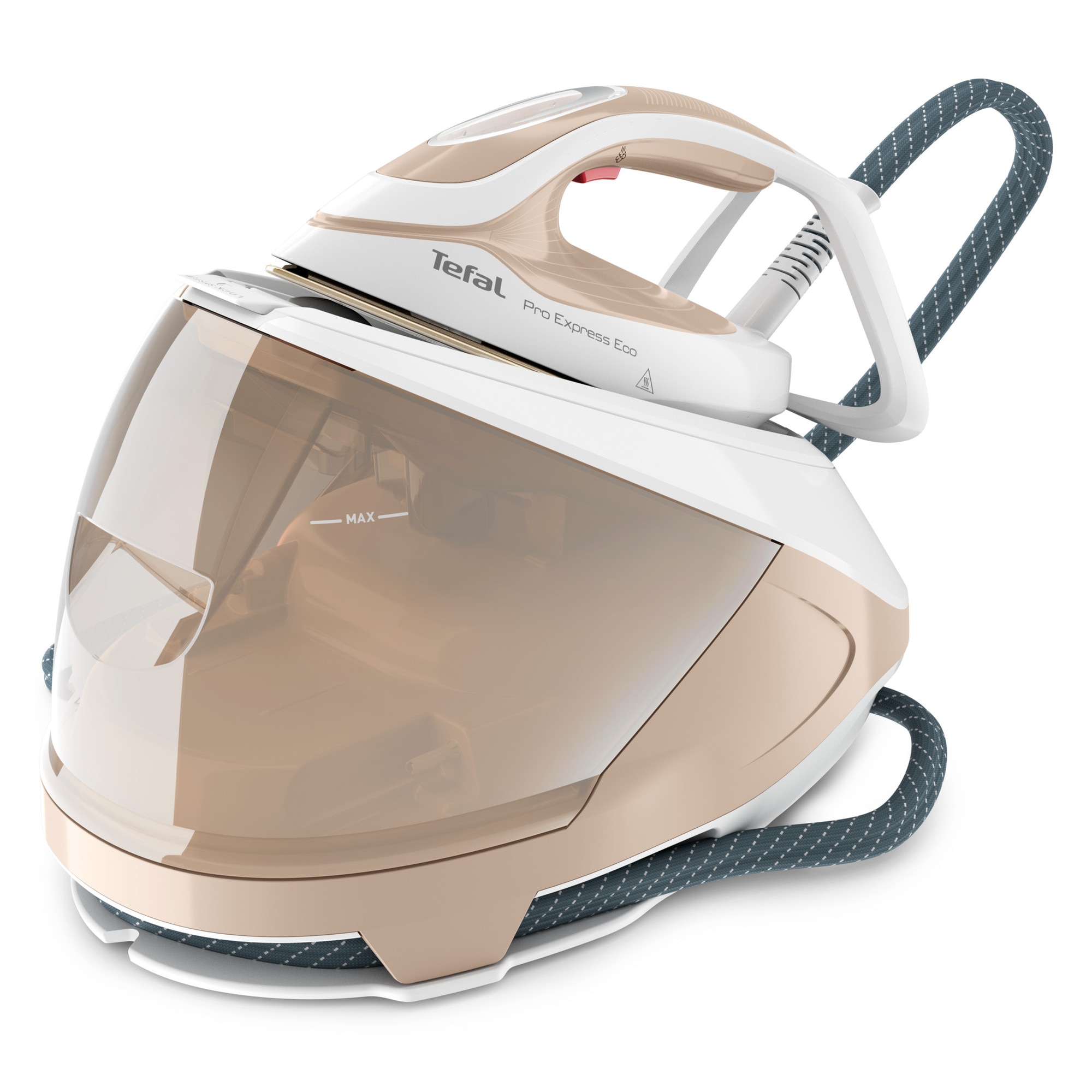 Statie de calcat cu abur Tefal Pro Express Eco GV9E22E0, 2200W, 7.6 bari, jet de abur 550 g/min, abur variabil 0 - 140 g/min, rezervor 1.8L, colector anticalcar, talpa Durilium AirGlide AutoClean, oprire automata, mod Eco, sistem antipicurare, crem & alb