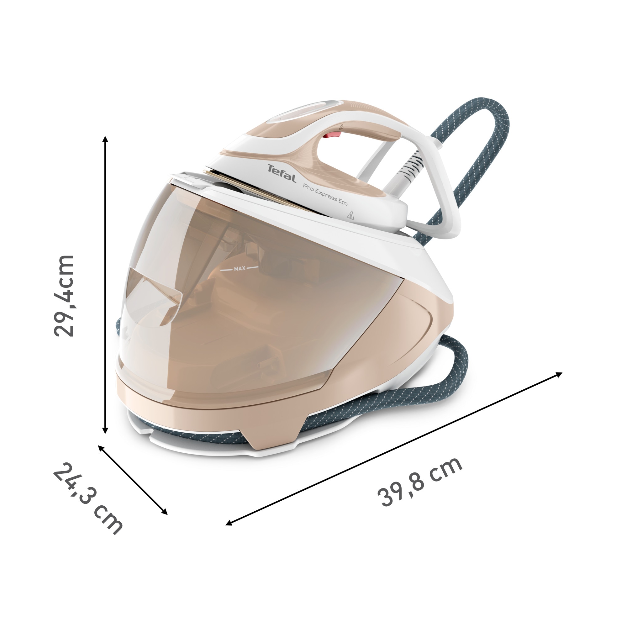 Statie de calcat cu abur Tefal Pro Express Eco GV9E22E0, 2200W, 7.6 bari, jet de abur 550 g/min, abur variabil 0 - 140 g/min, rezervor 1.8L, colector anticalcar, talpa Durilium AirGlide AutoClean, oprire automata, mod Eco, sistem antipicurare, crem & alb
