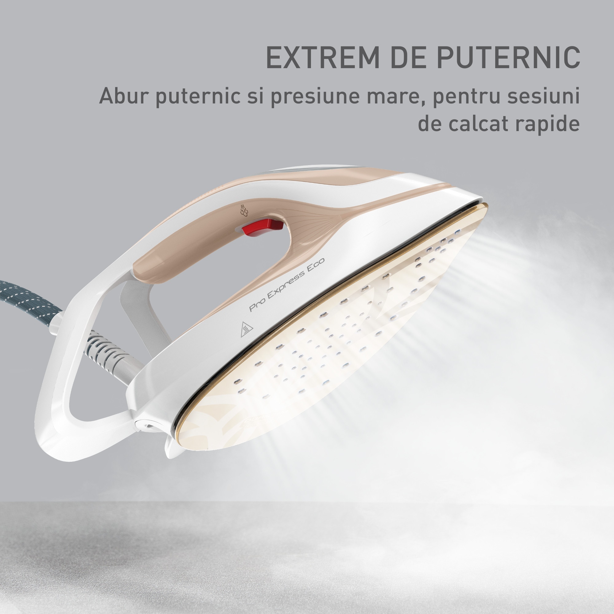 Statie de calcat cu abur Tefal Pro Express Eco GV9E22E0, 2200W, 7.6 bari, jet de abur 550 g/min, abur variabil 0 - 140 g/min, rezervor 1.8L, colector anticalcar, talpa Durilium AirGlide AutoClean, oprire automata, mod Eco, sistem antipicurare, crem & alb
